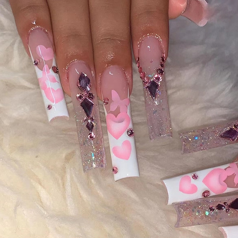 Extra long square press on nails - bows - charms - false nails - hearts - kawaii