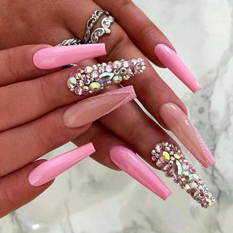 Extra long square press on nails - bows - charms - false nails - hearts - kawaii