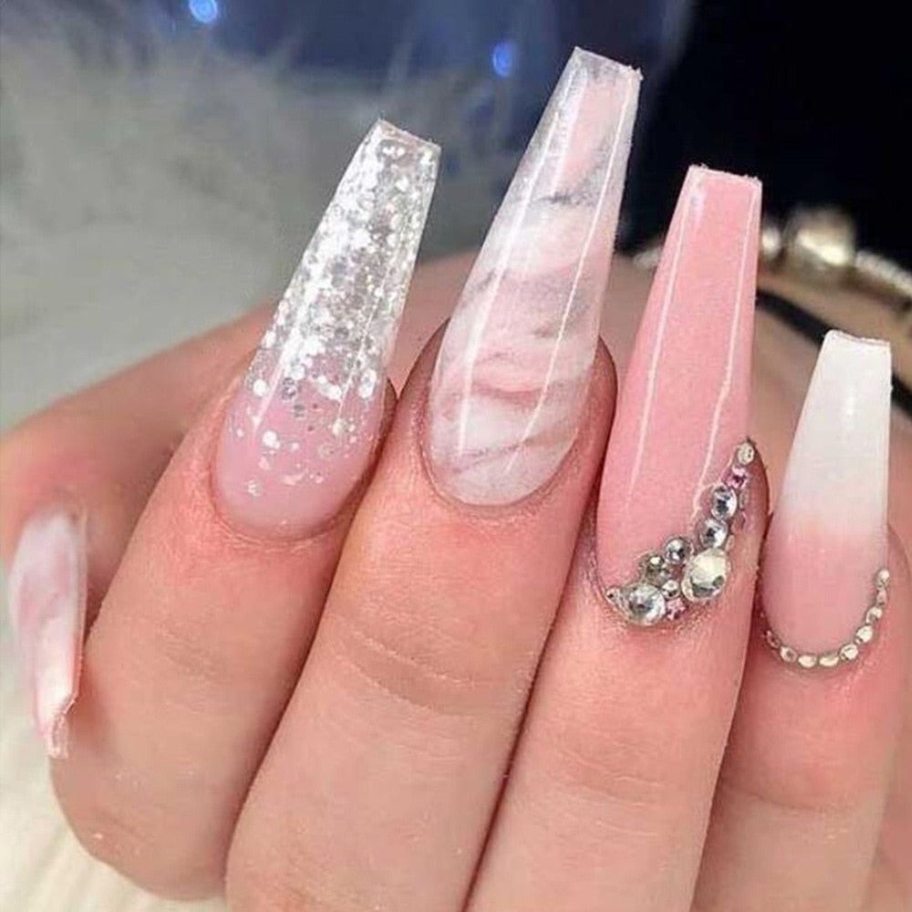 Extra long square press on nails - bows - charms - false nails - hearts - kawaii