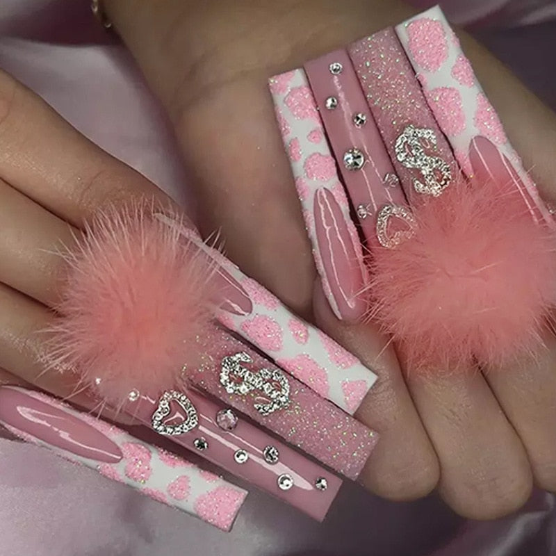 Extra long square press on nails - bows - charms - false nails - hearts - kawaii