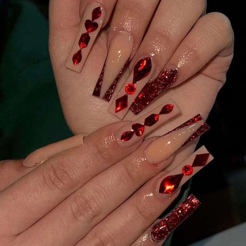 Extra long square press on nails - bows - charms - false nails - hearts - kawaii