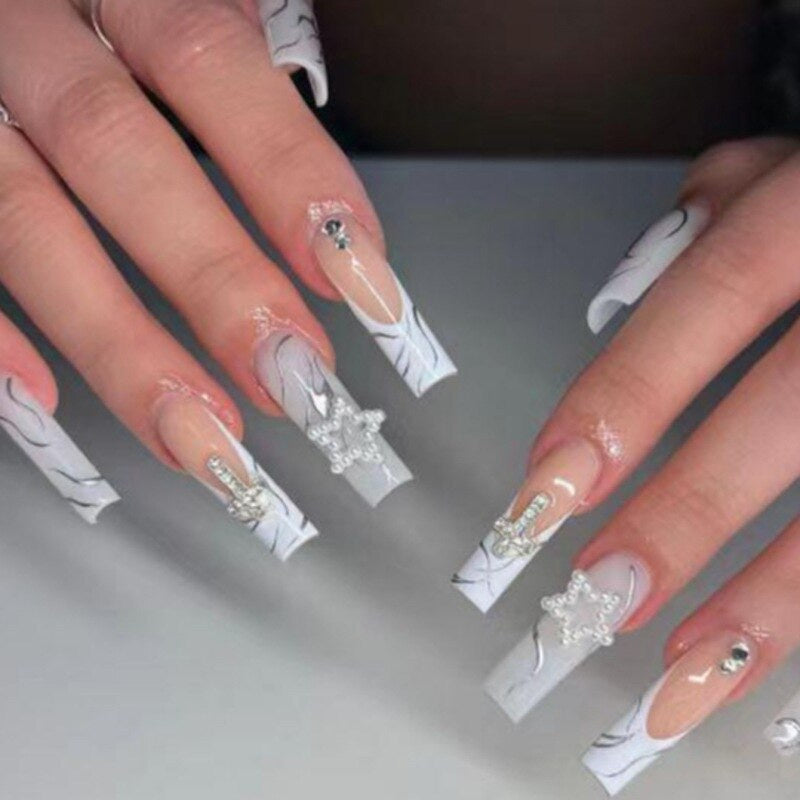 Extra long square press on nails - bows - charms - false nails - hearts - kawaii