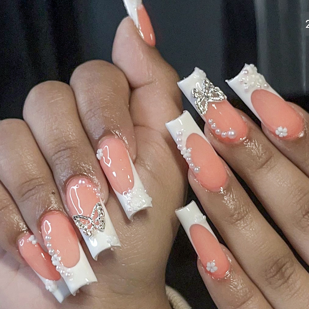 Extra long square press on nails - bows - charms - false nails - hearts - kawaii