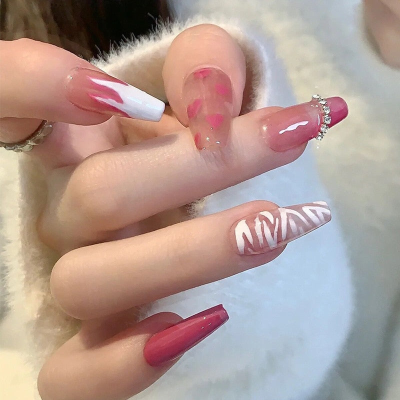 Extra long square press on nails - bows - charms - false nails - hearts - kawaii