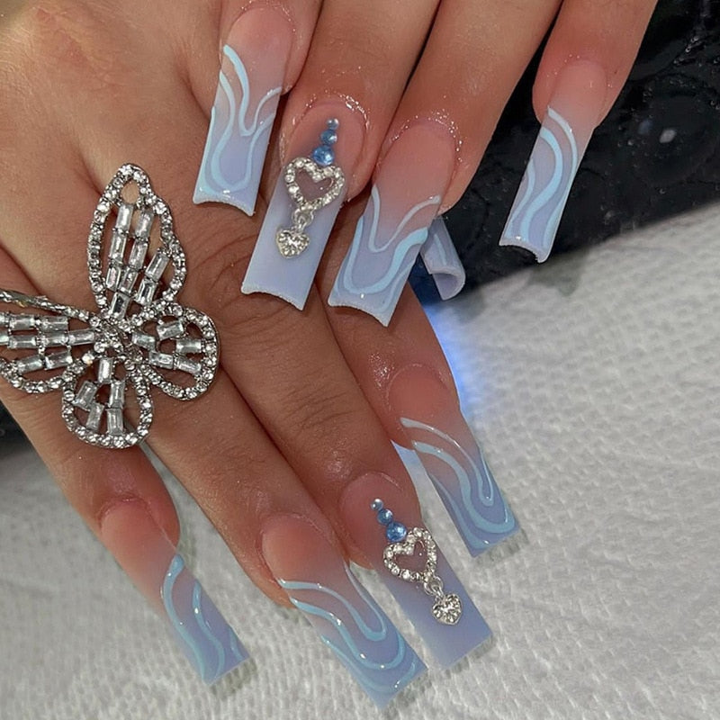 Extra long square press on nails - bows - charms - false nails - hearts - kawaii