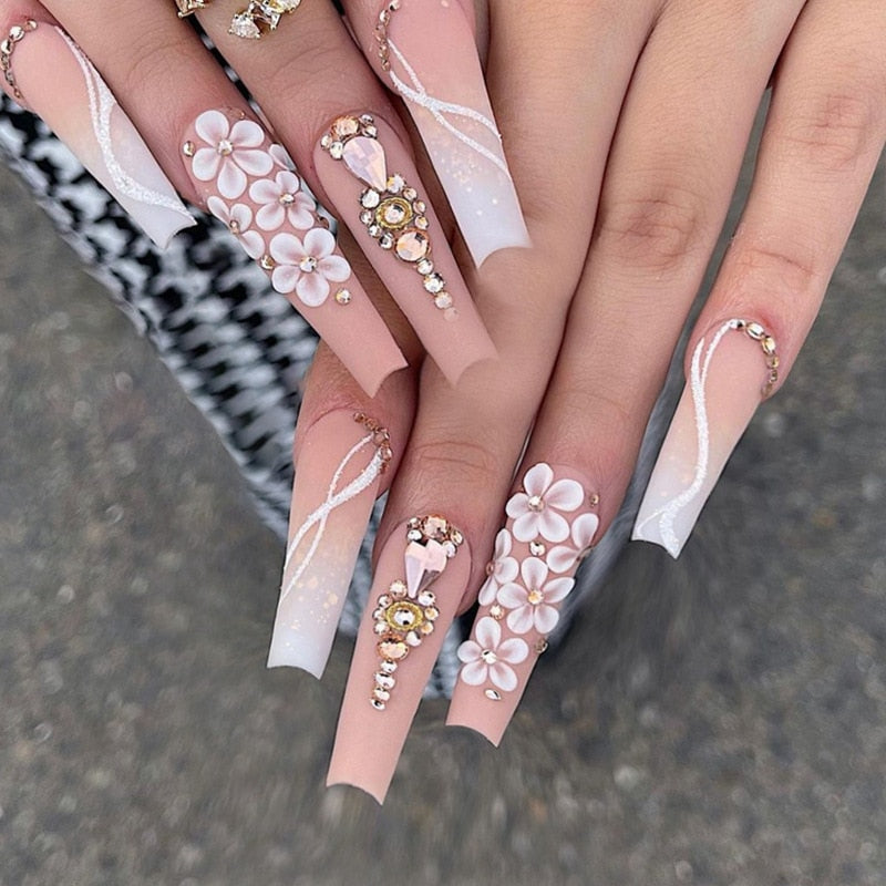 Extra long square press on nails - bows - charms - false nails - hearts - kawaii