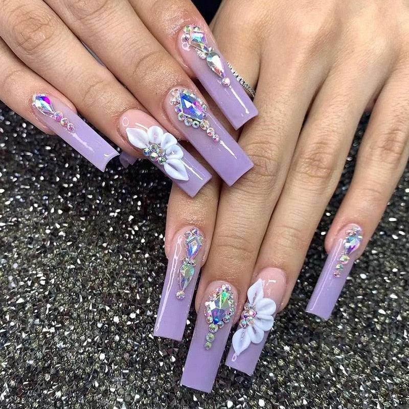Extra long square press on nails - bows - charms - false nails - hearts - kawaii