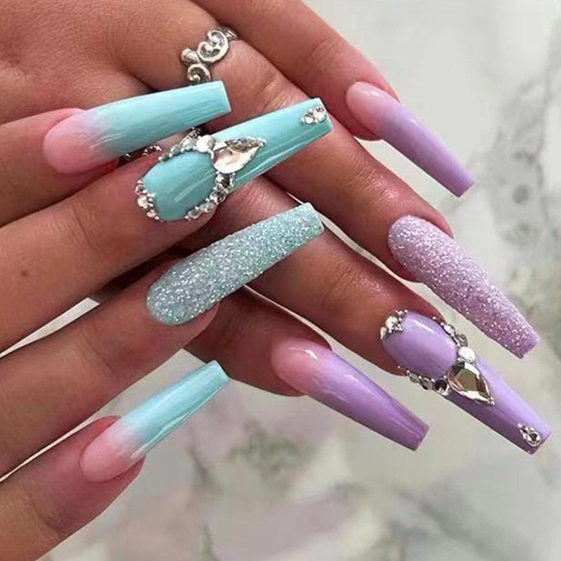 Extra long square press on nails - bows - charms - false nails - hearts - kawaii