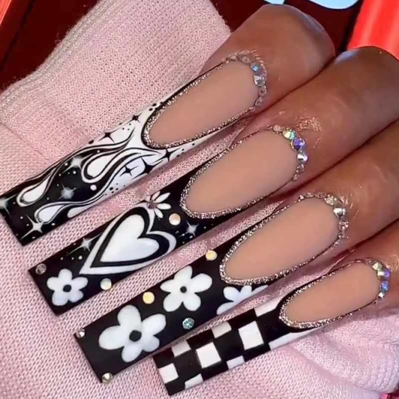 Extra long square press on nails - bows - charms - false nails - hearts - kawaii