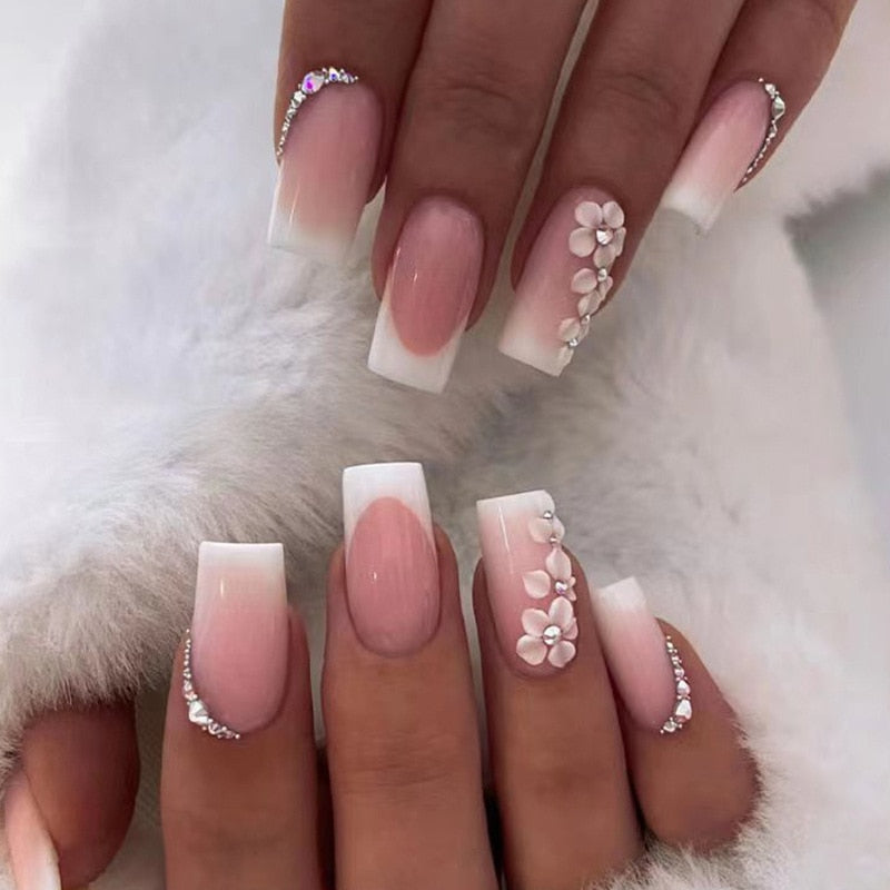 Extra long square press on nails - bows - charms - false nails - hearts - kawaii