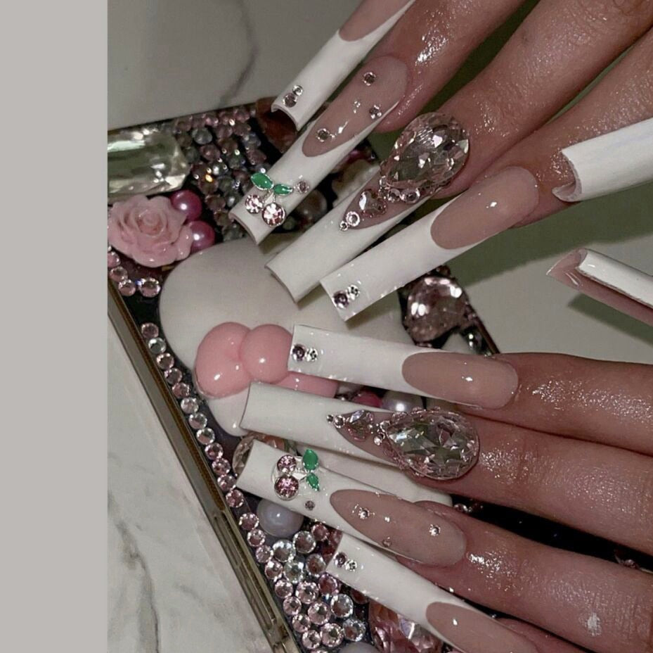 Extra long square press on nails - bows - charms - false nails - hearts - kawaii