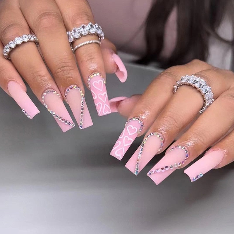 Extra long square press on nails - bows - charms - false nails - hearts - kawaii