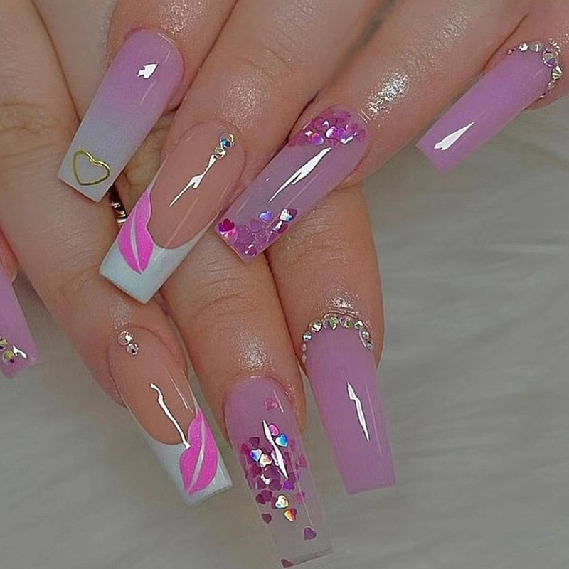 Extra long square press on nails - bows - charms - false nails - hearts - kawaii