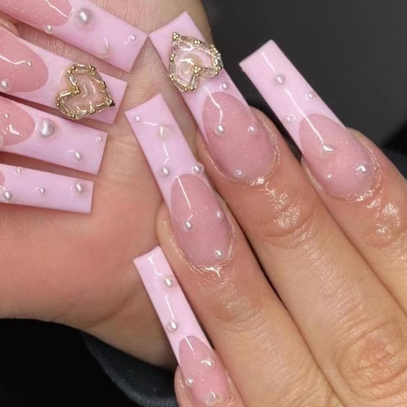 Extra long square press on nails - bows - charms - false nails - hearts - kawaii