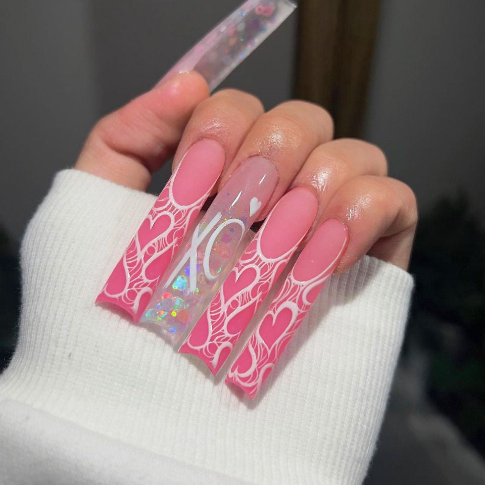 Extra long square press on nails - bows - charms - false nails - hearts - kawaii