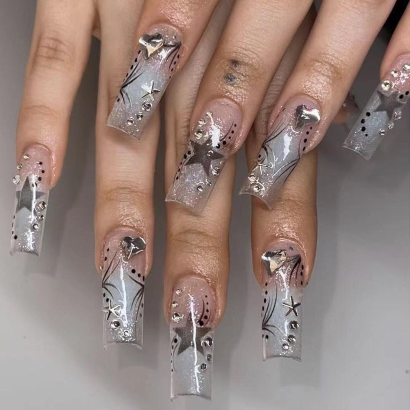 Extra long square press on nails - bows - charms - false nails - hearts - kawaii