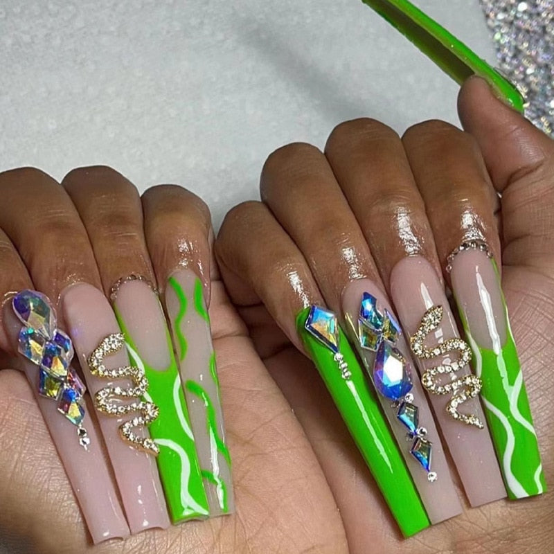Extra long square press on nails - bows - charms - false nails - hearts - kawaii