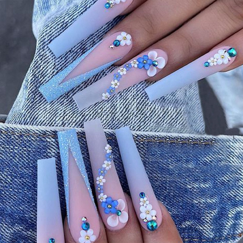 Extra long square press on nails - bows - charms - false nails - hearts - kawaii