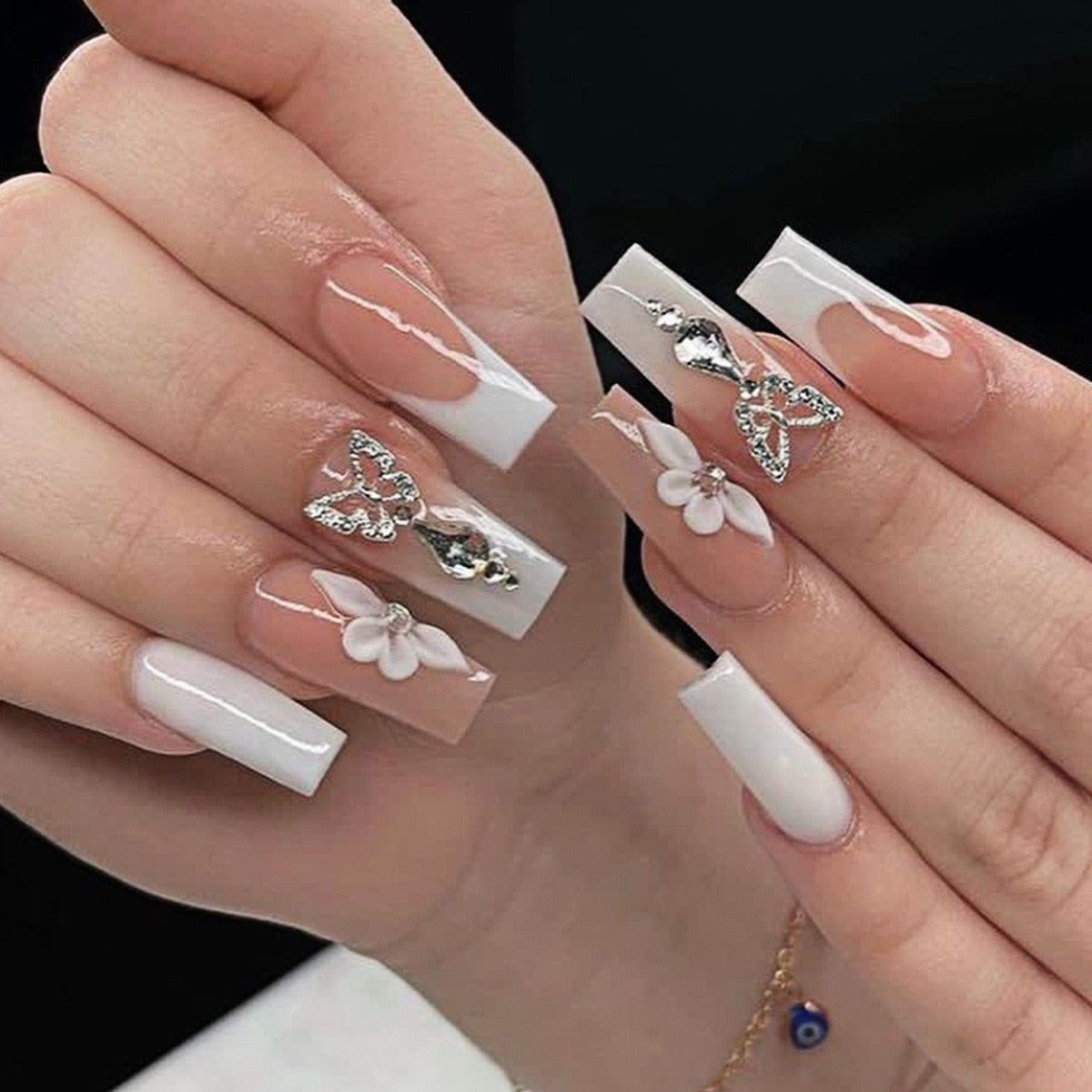 Extra long square press on nails - bows - charms - false nails - hearts - kawaii