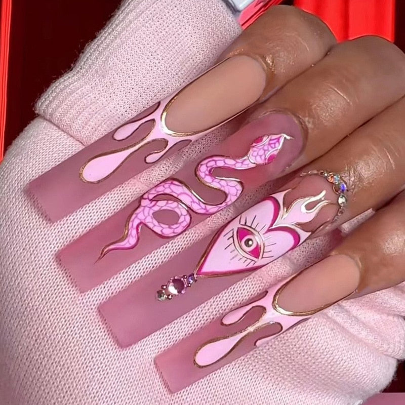 Extra long square press on nails - bows - charms - false nails - hearts - kawaii