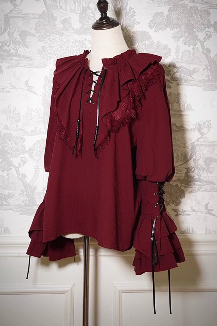 Burgundy Pirate Navigation Treasure Map V-Neck Long Hime Sleeve Ouji Lolita Blouse