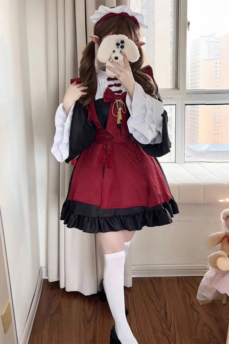 Crimson & Noir Maid Long Flared Sleeve Ruffled Bow Classic Plus Size Chinese Lolita Full Set