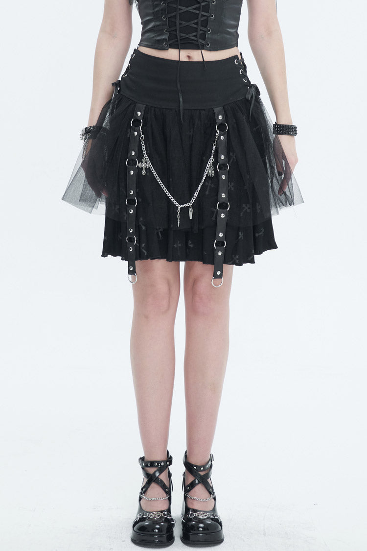 Women's Punk Skirt with Detachable Metal Chain and Cross Print Side Straps