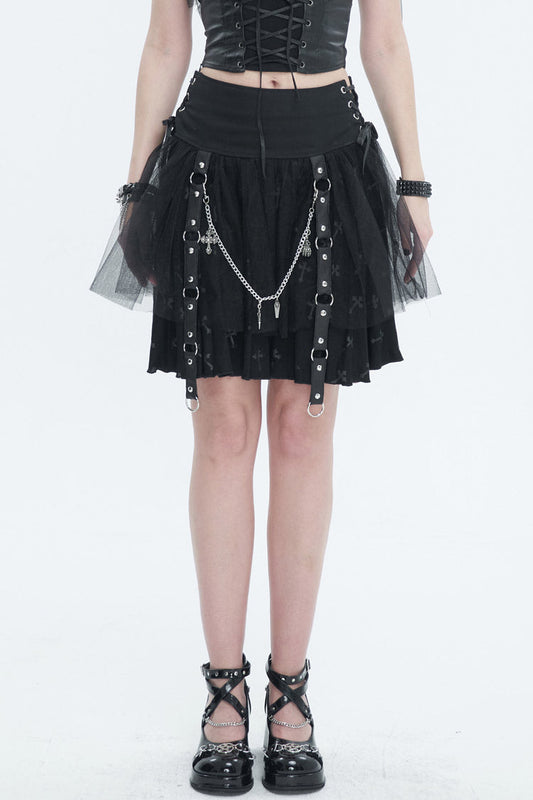 Women's Punk Skirt with Detachable Metal Chain and Cross Print Side Straps