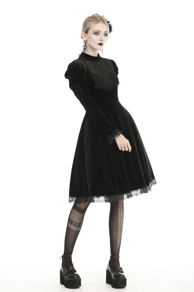 Gothic Velvet Gown with Puff Sleeves and Lace Detailing in Black