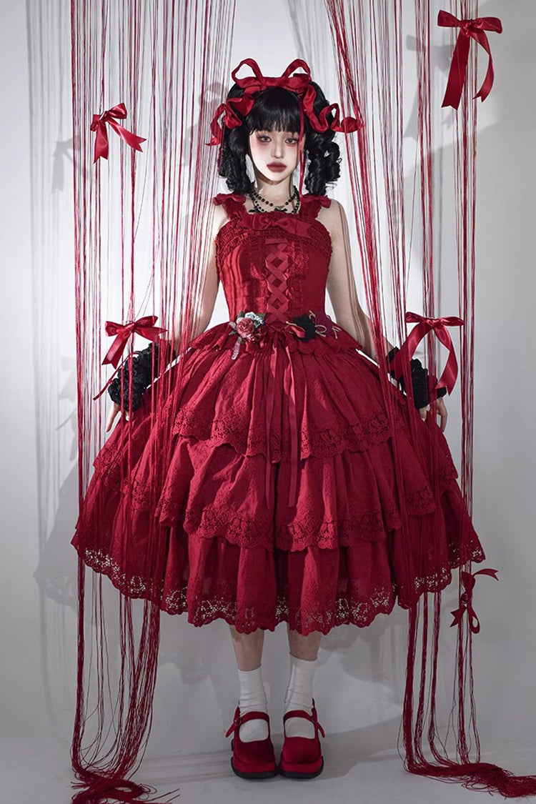 Burgundy Forest Waltz Embroidery Bow Lace-Up Slim Sweet Elegant Lolita Suspender Top