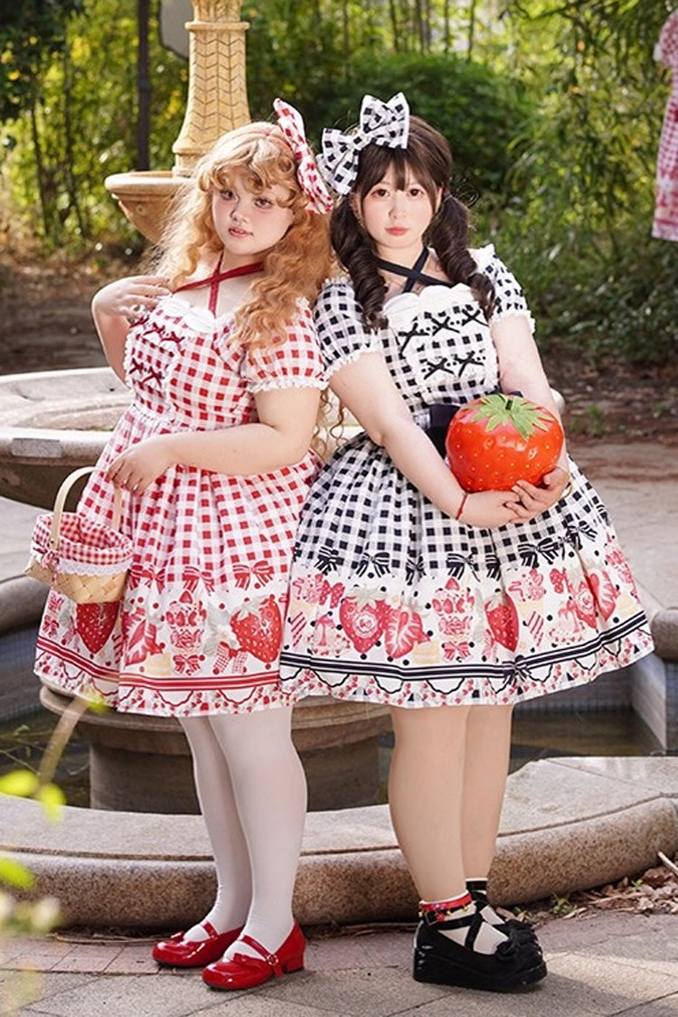 Strawberry-Plaid Sweet Lolita Dress with Bow Accents