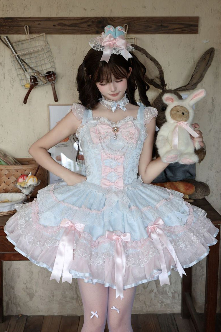 Square Collar Pearl-Trimmed Ruffled JSK with Bow Accents - Candy Satin Ballet