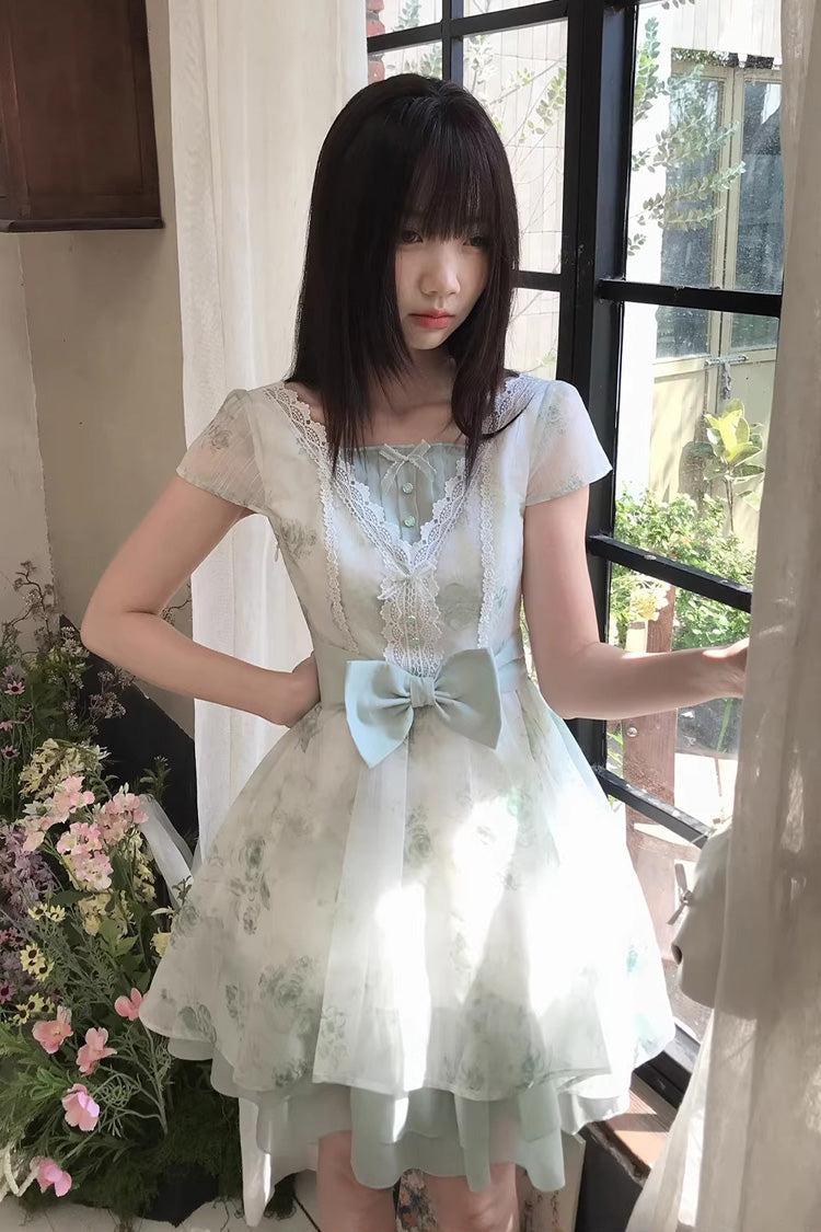 Emerald Short Sleeve Floral Print Bow Lace Sweet Princess Lolita Dress