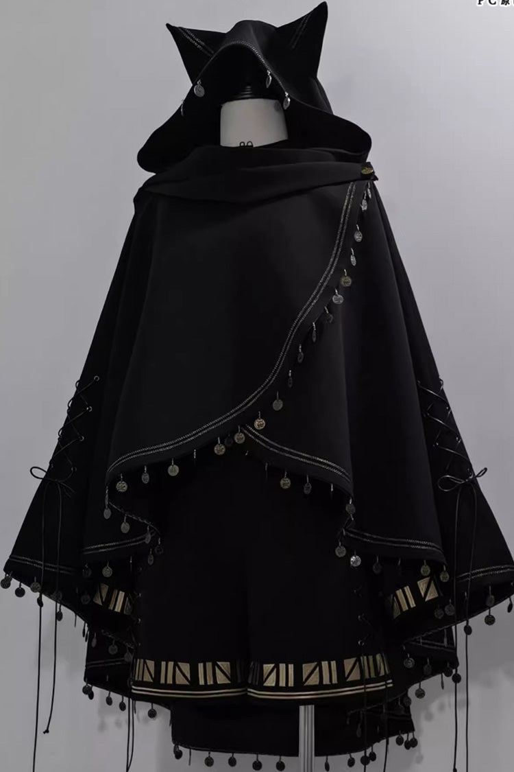 Hooded Ouji Gothic Cloak with Cat Ears Embroidery - Black Cat