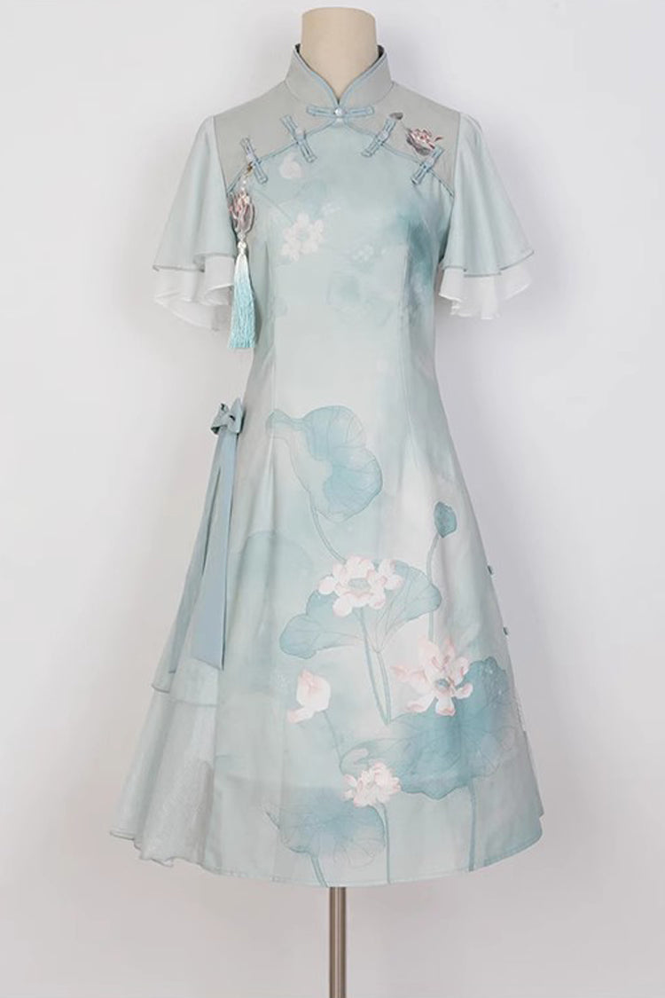 Emerald Ruffle Short Sleeve Lotus Print Sweet Cheongsam Hanfu Dress