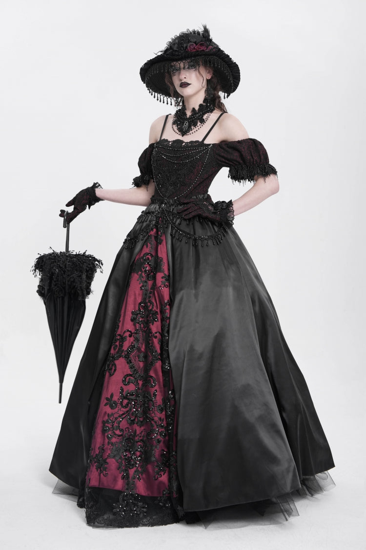 Crimson & Noir Off-Shoulder Embroidered Stitched Lace Gothic Dress
