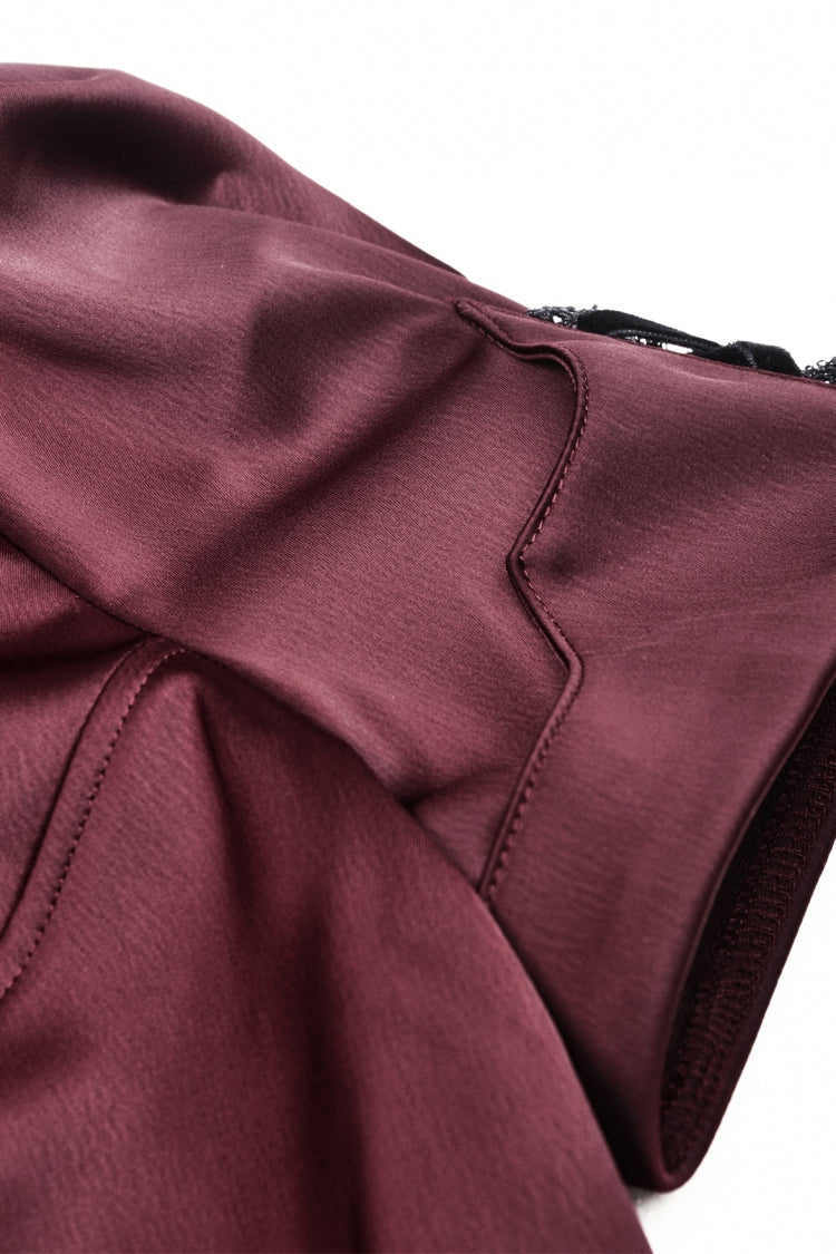 Burgundy Point Collar Short Puff Sleeve Ruffled Gothic Elegant Women's Blouse