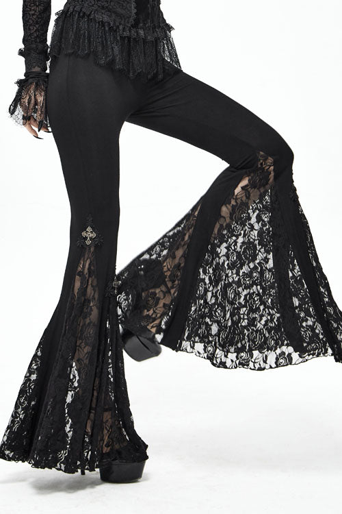 Women's Gothic Pants with Knit Lace Bell Bottoms and Cross Detail