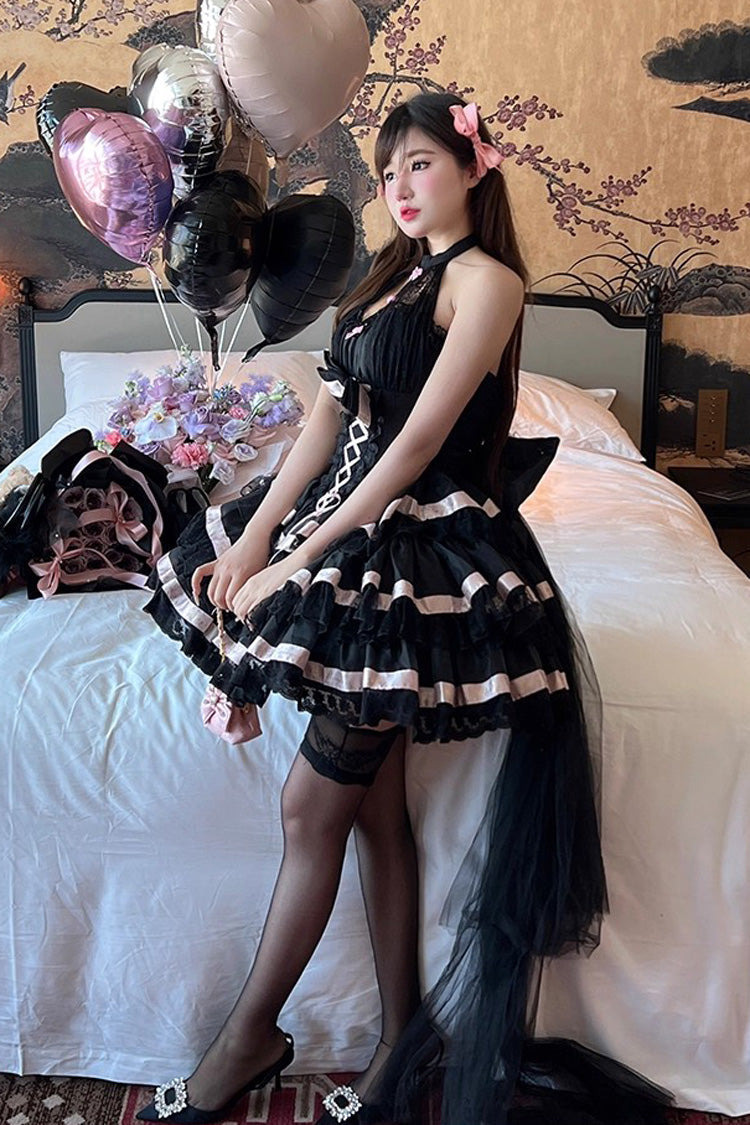 Halterneck Triple-Layered Ruffle Bow Sweet Lolita Dress - Ballet Dream