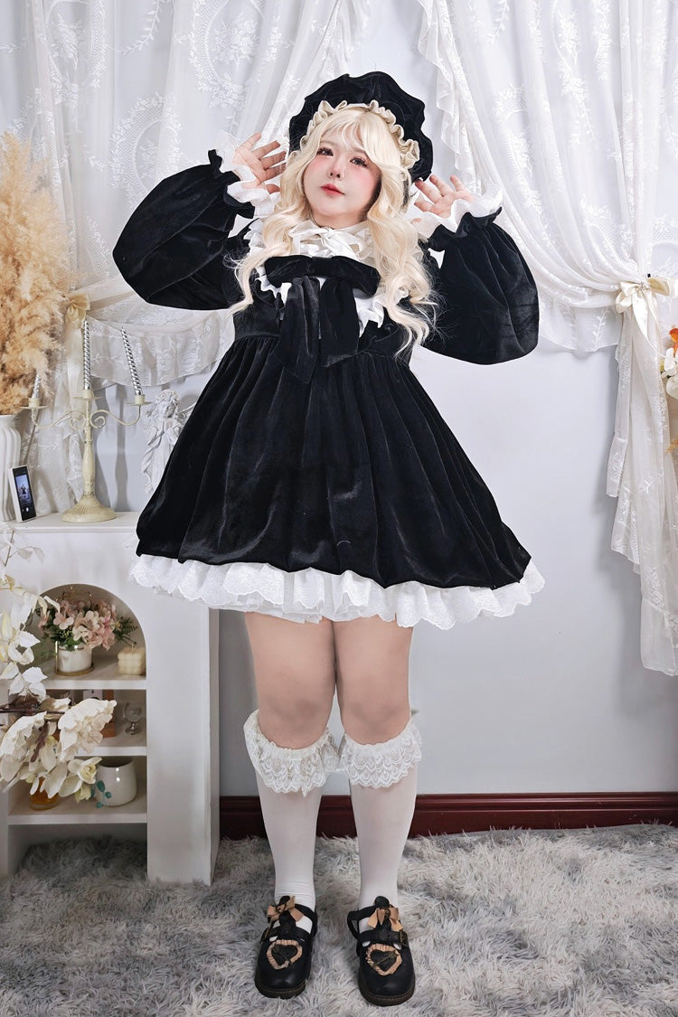 Stand Collar Ruffled Bow Plus Size Gothic Dress - Antique Velvet Doll