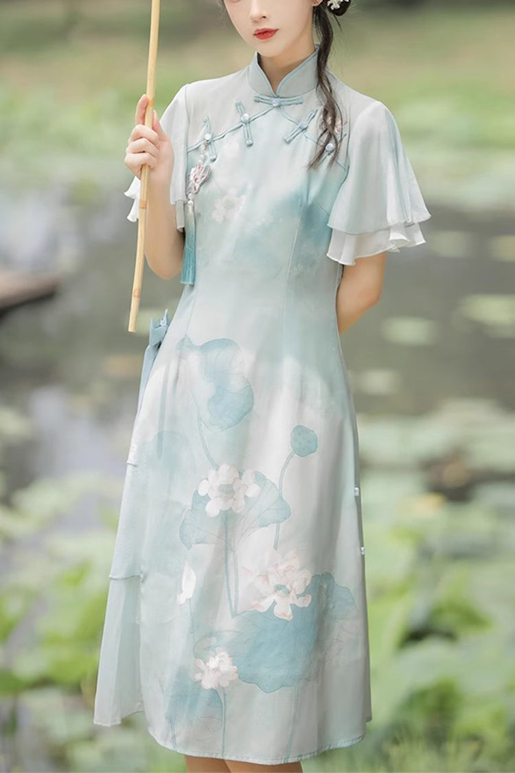 Emerald Ruffle Short Sleeve Lotus Print Sweet Cheongsam Hanfu Dress