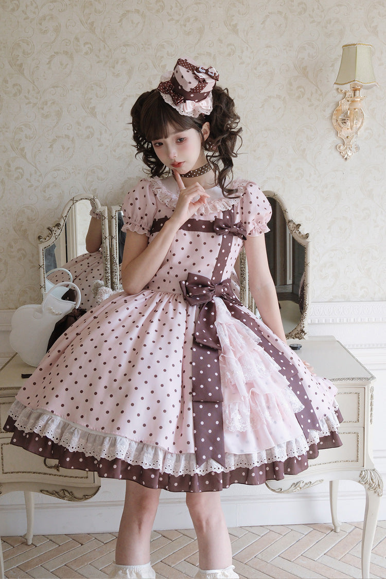 Canelé Gift Box Round Collar Short-Sleeve Polka Dot Ruffle Open Bow Asymmetric Lolita Dress