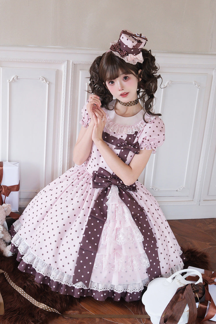 Canelé Gift Box Round Collar Short-Sleeve Polka Dot Ruffle Open Bow Asymmetric Lolita Dress