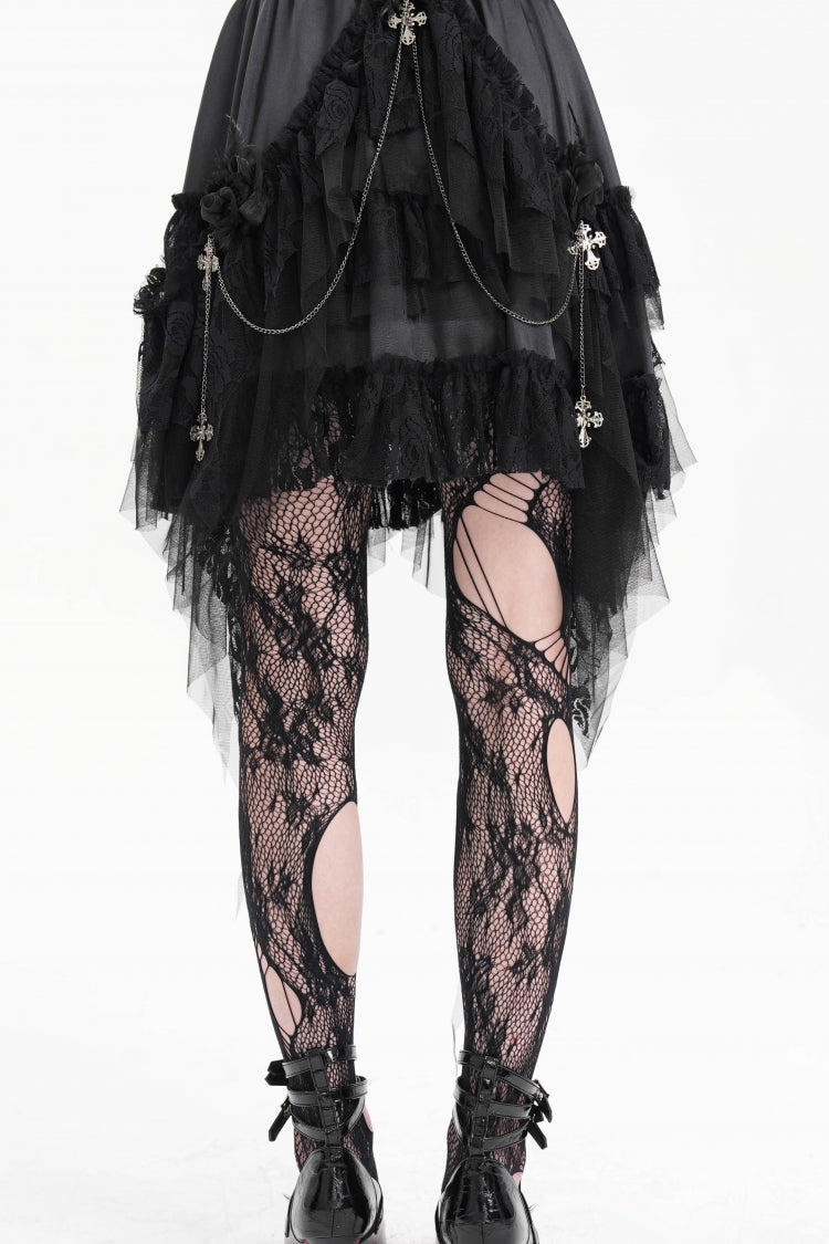 Women's Gothic Skirt with Chain Ruffle, Lace and Irregular Hem Cross