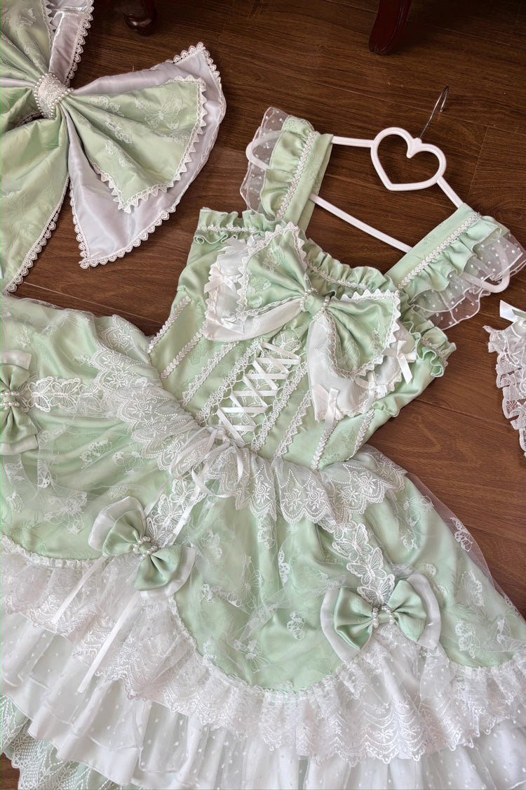 Emerald Sleeveless Triple Ruffle Embroidered Bow Pearl Lace-Up Plus Size Lolita JSK