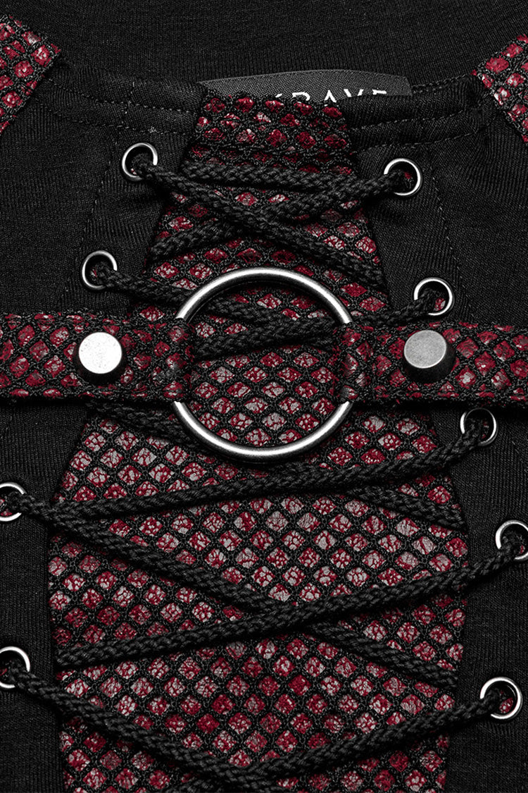 Crimson & Noir Long Sleeve Stitched Lace-Up Distressed Men's Punk Shirt