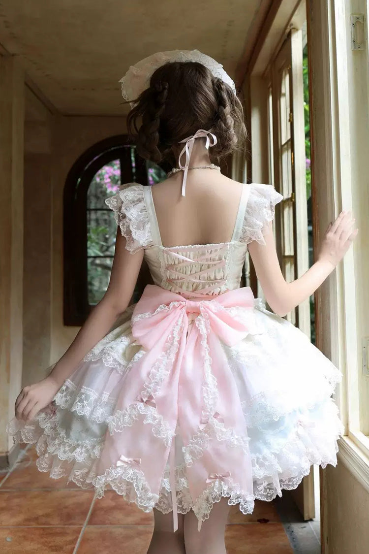 Pink Shadow Veil Square Collar Flutter Sleeves Multi-Layered Bow Lace Sweet Lolita Jsk Dress