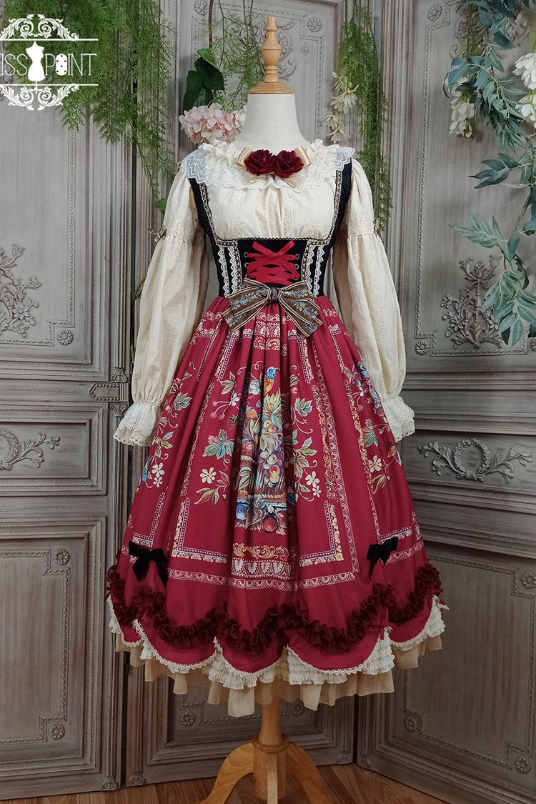 Burgundy Berries and Birds Print Ruffle Bow Velvet Classic Lolita Corset JSK Dress