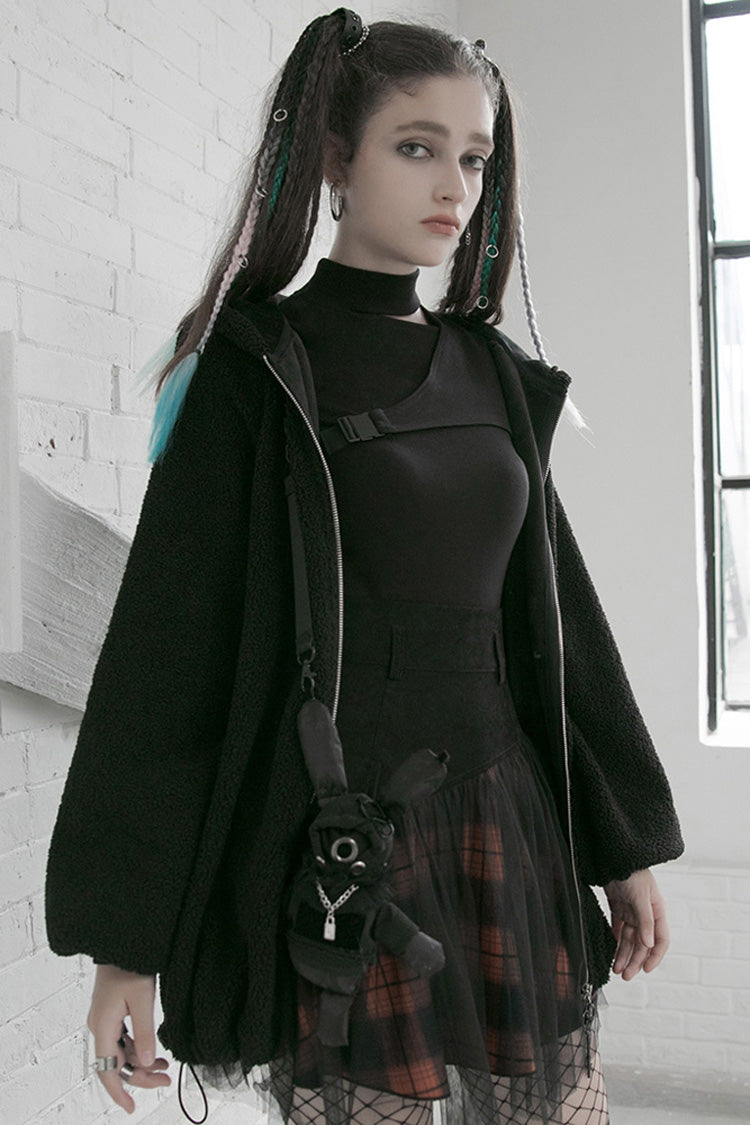 Crimson Noir Lace Mesh Stitching Plaid Metal Buckle High-Waist Punk Skirt