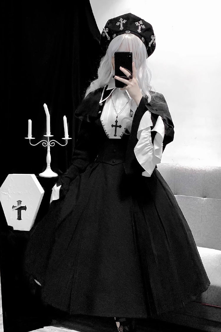 Plus Size Gothic Lolita Strap Dress Set with Nun Salute Cross and Ruffled Long Sleeves
